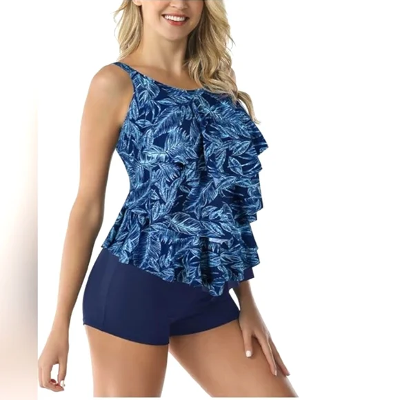 Cadocado Tankini Swimsuit Blue Palm Tree Leaves 3 Tier Ruffle Top Sz 20 XXL Exc - Picture 1 of 15